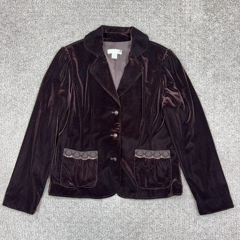 Christopher Banks Blazer Womens Small Brown Velvet Lace Whimsigoth Retro Jacket